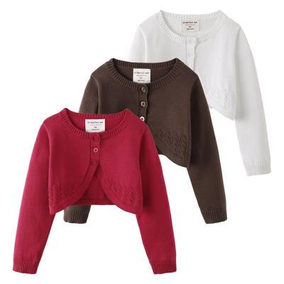 China SLK0529 3-10 Years Anti-Wrinkle Kids Cotton Lace Effect Trim Knitted Cardigan Sweater Knitwear Pointelle Girl Pure Kids Bolero for sale