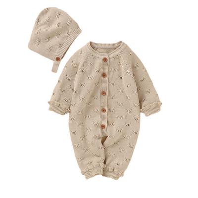 China Anti-wrinkle HDKMY888 3-18M baby 2PC SET Pointelle knitted infant rompers and jumpsuit hat newborn sweater cotton jumpsuit with ruffles for sale