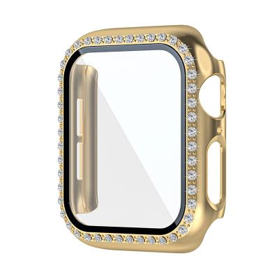 China Luxury Plastic Screen Protector Glass Rhinestone For Apple Watch Case Bling Bling 45mm Gold Cover 7 For iWatch for sale