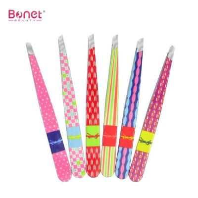 China Hot Selling Colorful Printing Eyebrow Trimmer Stainless Steel Hair Removal False Eyelash Clip Tilted Eyebrow Tweezers for sale