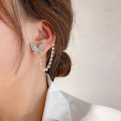 China FASHIONABLE Hot Sell Rhinestone Pearl Cuff Earrings Butterfly Along Boneless Tassel Pierced Ear Cut 925 Silver Earring Set for sale