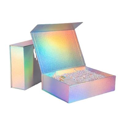 China Handmade High-end Laser Glitter Cardboard Box Silver Foldable Clamshell Gift Box Silver Customized Luxury Packaging for sale