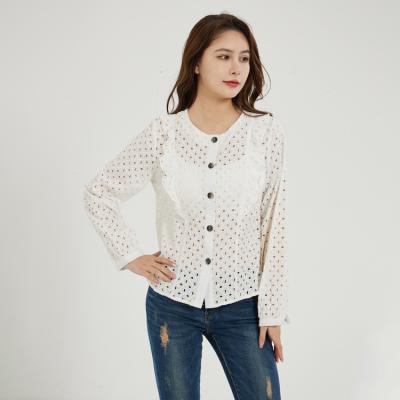 China Sexy Women Embroidered Eyelet Blouse Ruffle Peplum Peplum Top Female Design French Blouse Shirt Breathable Long Sleeve for sale