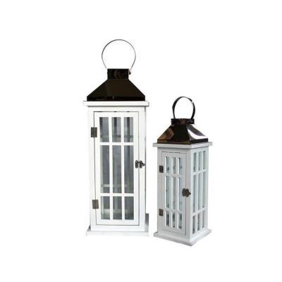 China Home Decoration White Wood Antique Metal Candle Lantern With Metal Top for sale