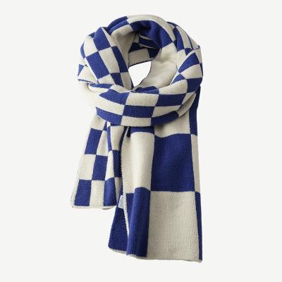 China Custom Polyester Klein Blue Checkerboard Knitted Wool Scarf Girls' Thickened Student Thickened Scarf Fall / Winter Knitted Scarf for sale