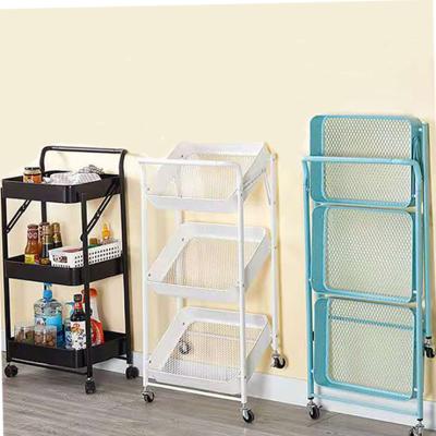 China Durable Fordable Organization 3 Tier Metal Narrow Rolling Trolley Rack Hand Push Handle Food Kitchen Pink Storage Home Organizer for sale