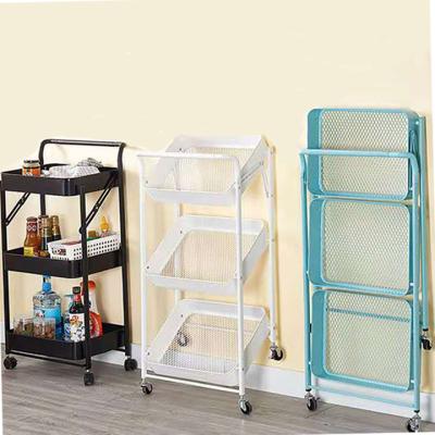 China Movable Folding 3 Tier Metal Durable Storage Cart Organizer Movable Fixture Organizing Pink Food Pushing Food Cart for sale