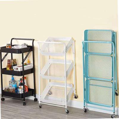 China Durable Slim Collapsible Foldable Metal Wire Kitchen Food Storage 3 Tier Serving Cart Serving Cart with Wheels for sale