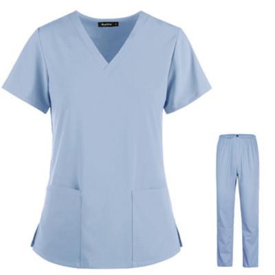 China Hospital Amazon V-Neck Frosted Blue Nurse Uniform Big Pocket New Shorts Sleeve Ladies Jogging Pants Customize Eye Blue Jogger Scrubs for sale