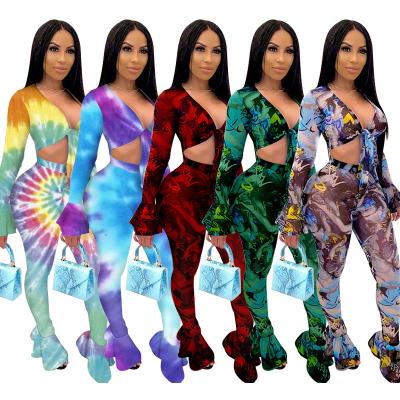 China Europe and America 2021 QUICK DRY fall/QUICK DRY winter printed nightclub funky net polyester two-piece set for sale