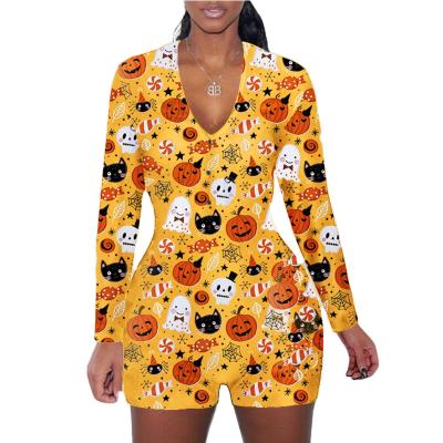 China 2021 New Design Breathable Halloween Onesie Pumpkin Print Long Sleeve Pajamas Romper Plus Size Women Nightgowns Halloween Jumpsuit for sale