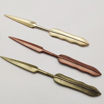 China Various Color Open Metal Novelty Decorative Envelope Feather Letter Opener for sale