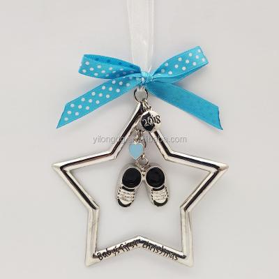 China Christamas Tree Decoration Novelty Silver Metal Star With Shoes Blue Ribbon Baby's Firtst Christmas Decorative Ornament for sale