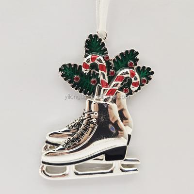 China Christamas Tree Decoration Novelty Silver Metal Ice Skates with Holly Leaf and Cane Decorative Christmas Ornament for sale