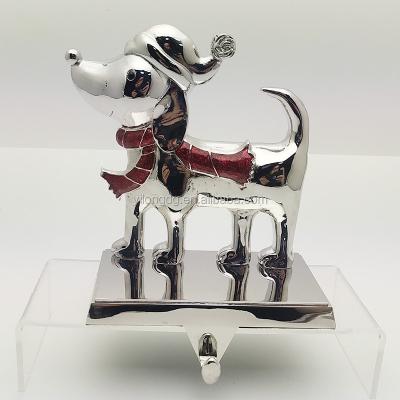 China Christmas Gift Popular Festival Metal Silver Dog With Christmas Hat And Scarf Decorative Stocking Holder for sale