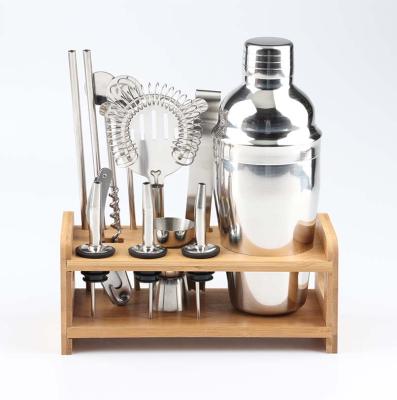 China Metal 12 Pieces Stainless Steel Cocktail Rack Luxury Shaker Bar Set With Bamboo for sale