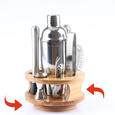 China New Product Stainless Steel Rotating Wooden Cocktail Shaker Set Cocktail Bar Set With Rotating Wooden Rack for sale