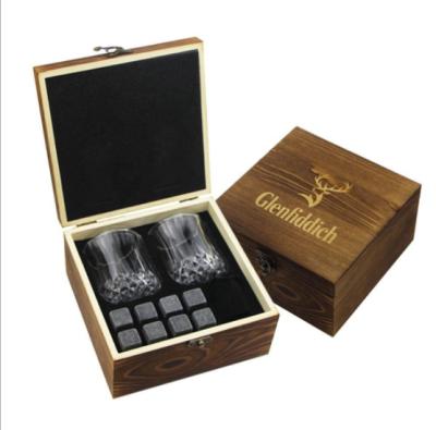 China Viable Premium Whiskey Stones Gift Set Whiskey Chilling Rocks With Wine Glasses And Wooden Box for sale