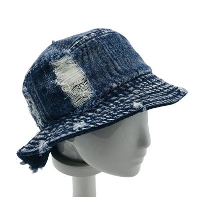 China Sunshading Drop Shipping Custom Women's And Men's Round Distressed White Bucket Hats Wholesale Washed Worn Out Hip Hop Denim Fisher Hat for sale