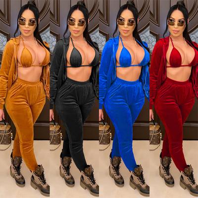 China 2020 Wholesale Custom Women Tracksuits 3piece Velvet Anti-pilling With Bra for sale