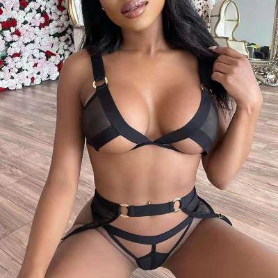 China Hot Selling High Quality Women's Sexy 3 Piece Lingerie Set With Mesh Bra Garter Belts And Panties Set Women Sexy Lingerie Underwear for sale