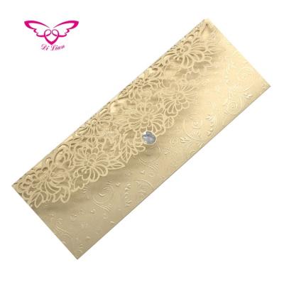 China Europe Thri Fold Shimmer Along Embossing Laser Cut Floral Gold Pearl Paper Wedding Card Invitation for sale