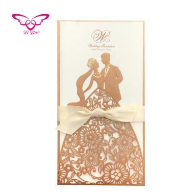 China Wedding Invitation Bronze Color Laser Cutting Couples Happy And Sweet Theme Luxury Wedding Invitations for sale