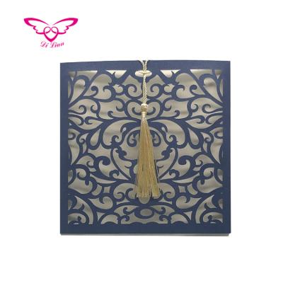 China Europe Square Navy Blue Laser Cut Pearl Paper Cards Wedding for sale