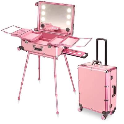 China Aluminum Professional Cosmetic Trolley Fashionable Design Beauty Trolley Fashion Rolling Cosmetic Cases With Led Light Mirror for sale