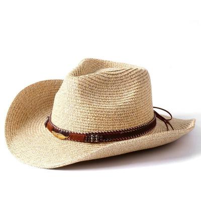 China Factory Direct Wholesale Women Men's Packable Summer Character Unisex Western Cowboy Straw Hat With PU Leather Ribbon for sale