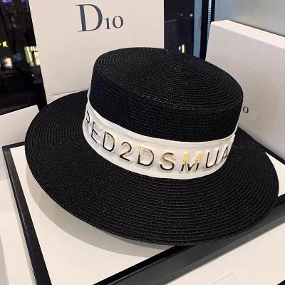 China New Character Girl Ladies Women Summer Fashion Sun Protect Block Straw Hat Cap With Metallic Letters On Ribbon Accessories for sale