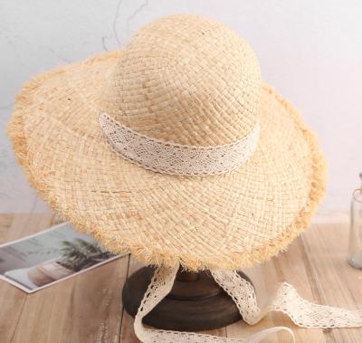 China Character Wide Brim Women Raffia Straw Hat With Lace Chin Tie for sale