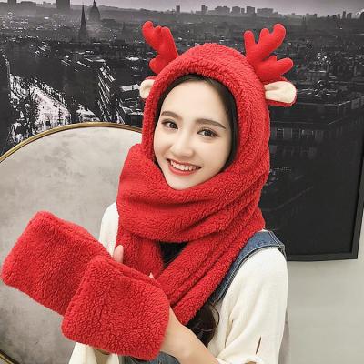 China Girl Adult Winter Long Cartoon Plush Warm Hat With Earflap Scarf Pocket Gloves Hoodie 3 In 1 Set With Long Scarf Wraps Antler for sale