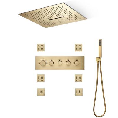 China Without Sliding Bar Hidden Ceiling Gold Brushed Rain Shower Set With Music Speaker 400mm Stainless Steel Shower Panel Waterfall Massage Showers for sale