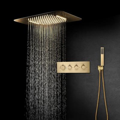 China Without Slide Bar MBoenn 3 Functions Polished/ Brushed/ Rose Gold Rain Shower System Recessed Thermostatic LED Music Shower Head Bathroom Faucet for sale