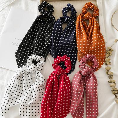 China Hot Selling Fashion Silk Scarf Ribbon Pearl Bow Scrunchies Wave Dot Hair Bands Hair Rope For Women Girls Ponytail Holders for sale