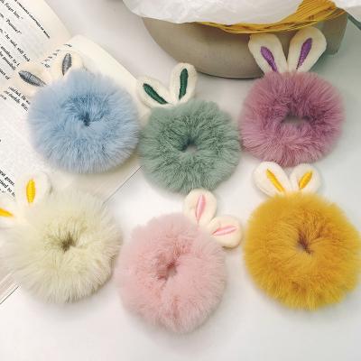 China Fashion Hot Sale Rabbit Ears Plush Scrunchies Elastic Fur Hair Bands Candy Colors Hair Rope For Women Girls Ponytail Holders for sale