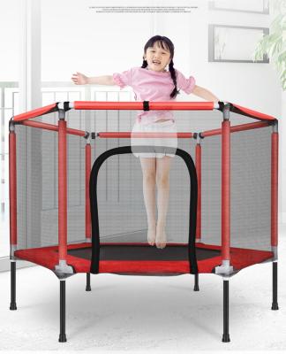 China With Protective Net Hexagonal Children's Trampoline Indoor Bed Jumping Wholesale Red Blue Kids Jumping Toys Trampoline for sale