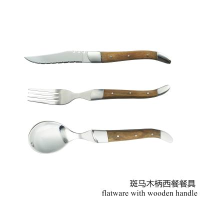 China Disposable 3pcs Stainless Steel Kitchen Steak Knife Set Fork and Spoon with Zebra Wood Handle for sale