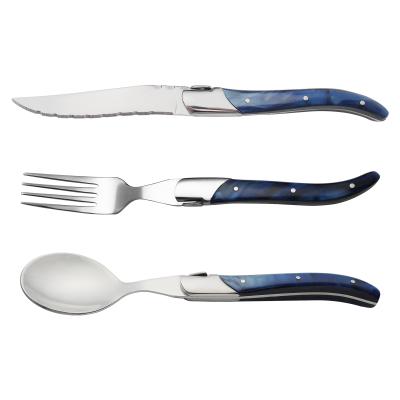 China 3pcs Disposable Kitchen Stainless Steel Steak Knife Set Fork and Spoon Blue Wooden Handle for sale