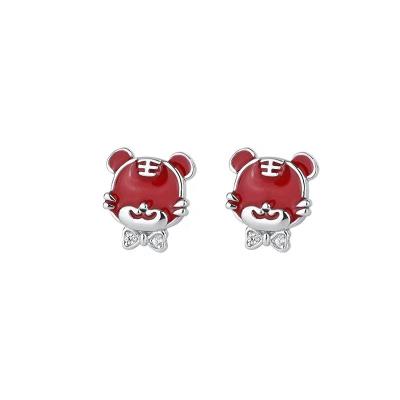 China Cute Romantic Tiger Bow Sterling Silver Ear Stud Cute Female Red Tiger Earring for sale