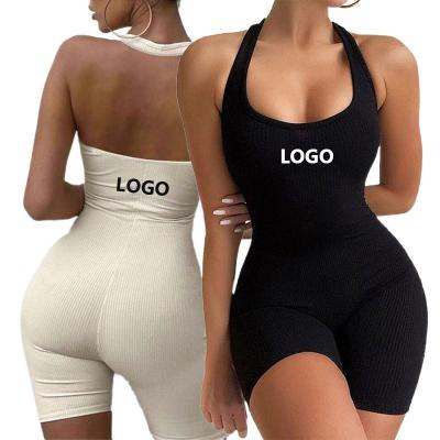 China Dear-Lover Logo Women Solid Halter Backless Sports Shorts Gym Wear Breathable Custom Active Workout Romper One Piece Yoga Jumpsuit for sale