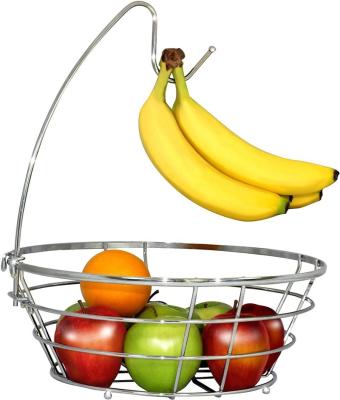 China New Sustainable Chrome Metal Wire Fruit Tree Bowl Basket With Banana Hanger for sale