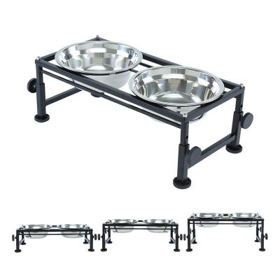 China Automatic Adjustable Elevated Dogs Cats Elevated Iron Cat Food Water Feeder 2 Stainless Steel Pet Bowl Holder for sale