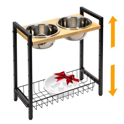 China Large 4 Size Automatic Slow Adjustable Raised Dog Bowl Holder Stainless Steel Food Water Bowl Feeder Holder for sale