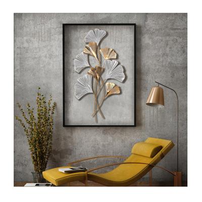 China New Arrival Traditional Wall Decor 3D Hanging Ginkgo Leaf Wrought Iron Wall Hanging Gold Decor for sale