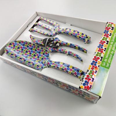 China Modern Aluminum Lady Flower Printed 3 Pcs Gardening DIY Tools Gift Sets Cutstom 3pc Garden Tools for sale