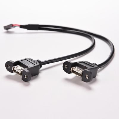 China 30cm Motherboard Internal 9pin Pitch 2.54mm to Dual Port USB 2.0 A Female Screw Lock Panel Mount Cable for sale