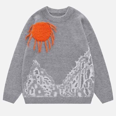 China Xiaoxin Fashion Custom Logo Chenille Embroidery Sweater Distressed Pattern Anti-wrinkle Knitted Jacquard Destructive Design Ripped Sweaters for sale