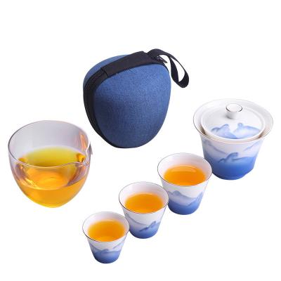 China Portable Sustainable And White Premium Gift Blue Tea Set Customized Packaging Logo for sale